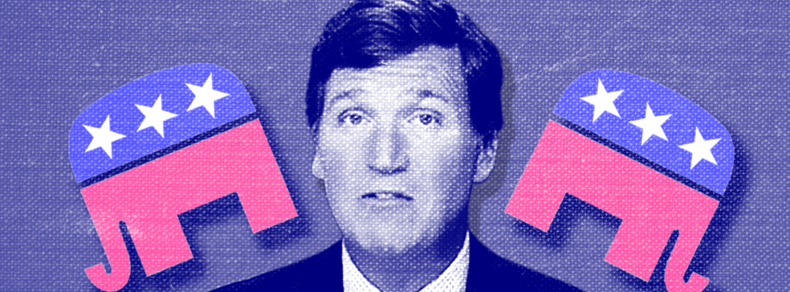 Tucker Carlson flanked by two Republican Party logos