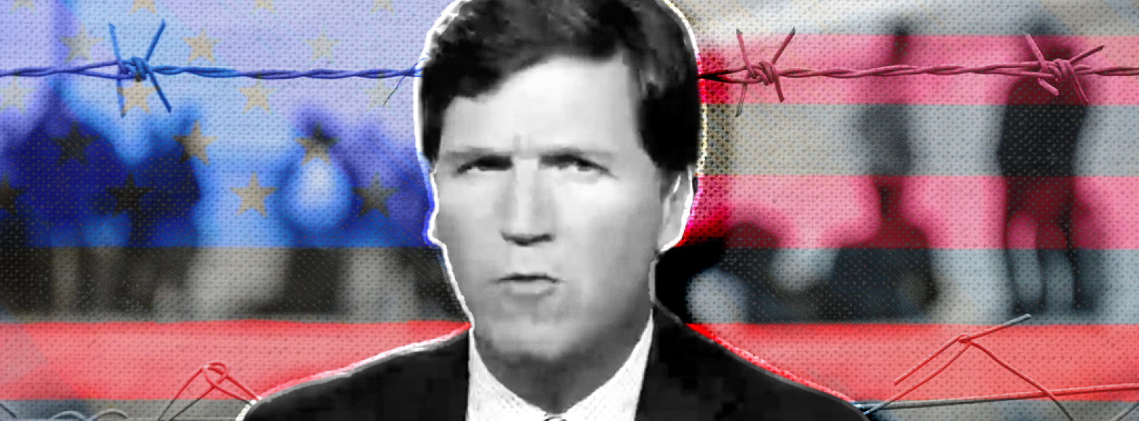Tucker Carlson in front of a barbed wire fence and the American flag