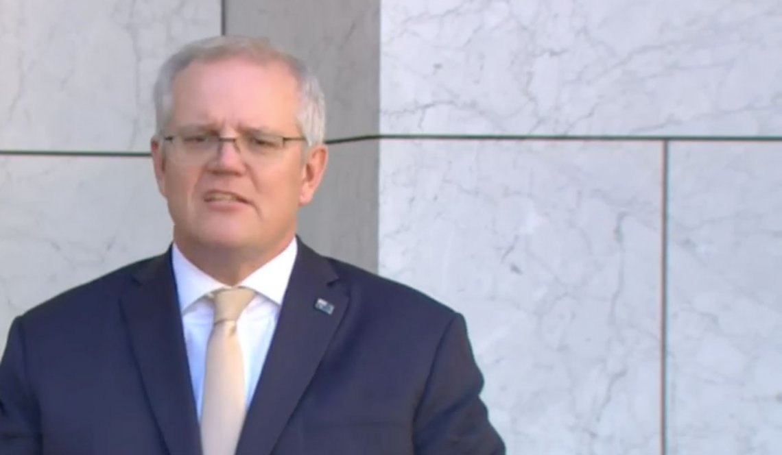 Image of Prime Minister Scott Morrison speaking at a press conference today. Image via ABC News