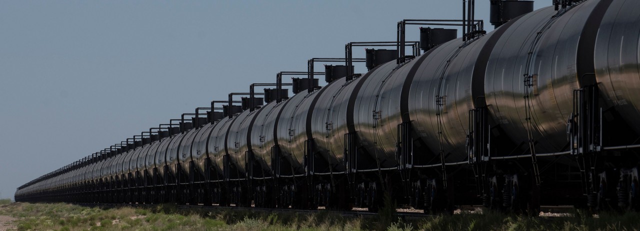 Rail cars carrying crude oil are seen on April 24, 2020 near Odessa, Texas.