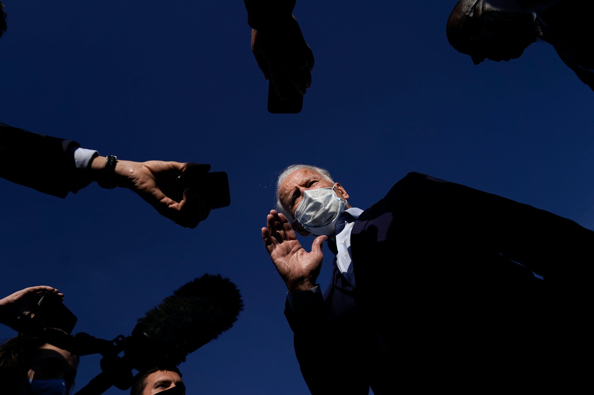 DULUTH, MN - SEPTEMBER 18: Democratic presidential nominee and former Vice President Joe Biden speaks to reporters before boarding his campaign plane at Duluth International Airport on September 18, 2020 in Duluth, Minnesota. Biden toured a carpenters training facility, visited with people at a coffee shop downtown and stopped at a fire station. (Photo by Drew Angerer/Getty Images)