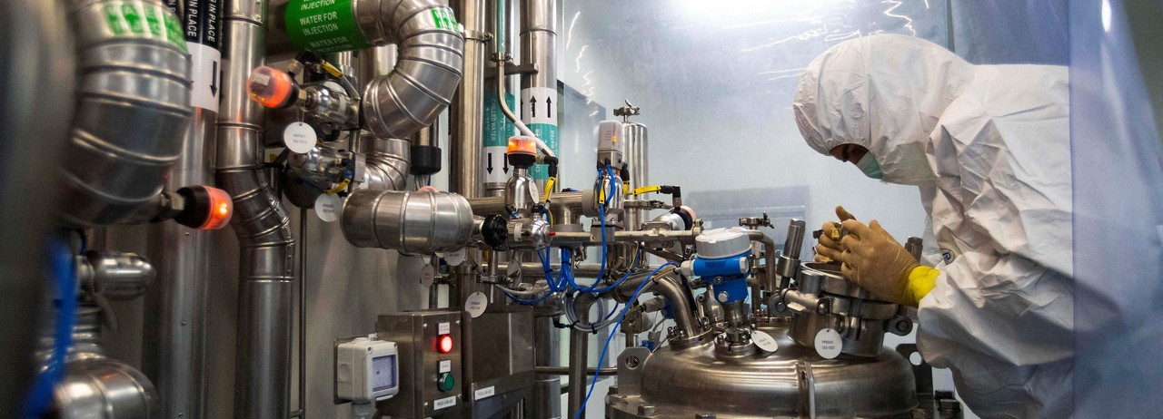 A worker finalizes details to start the production at the recently inaugurated CIGB Industrial Biotechnological Complex in Mariel, Cuba, on November 5, 2021. 