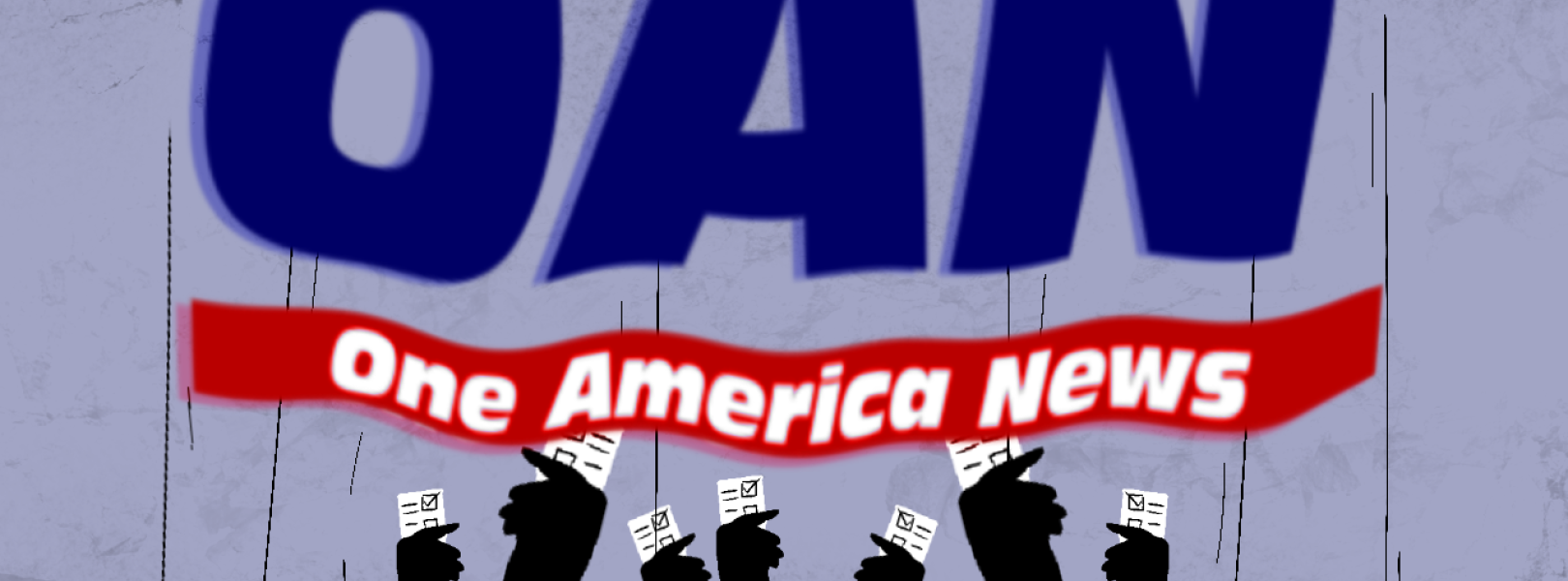 Silhouettes of raised hands clutching ballots, with a warped OAN logo in the background