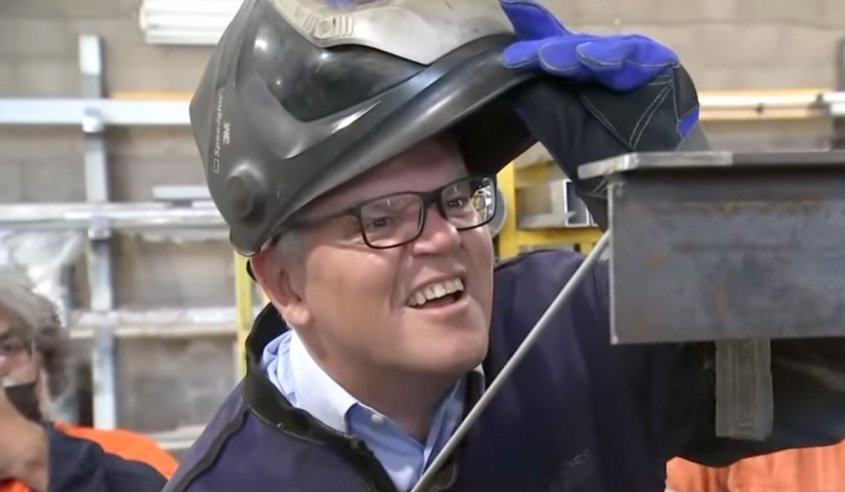 Image of Prime Minister Scott Morrison attempting welding during a trip to the Northern Territory last week. Image via 7 News Australia / YouTube 