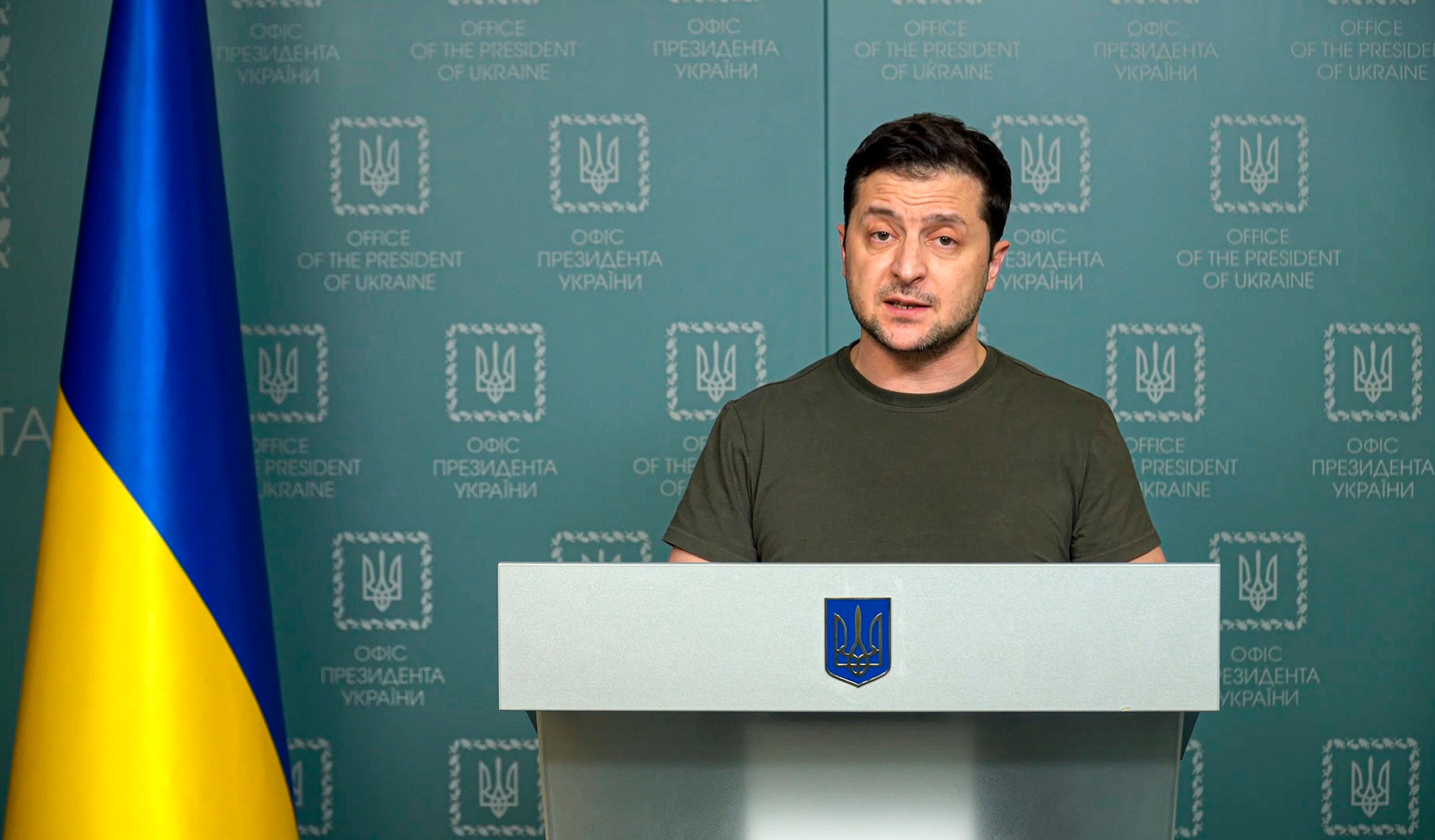 In this photo taken from video provided by the Ukrainian Presidential Press Office, Ukrainian President Volodymyr Zelenskyy speaks to the nation in Kyiv, Ukraine, Sunday, Feb. 27, 2022. (Ukrainian Presidential Press Office via AP)