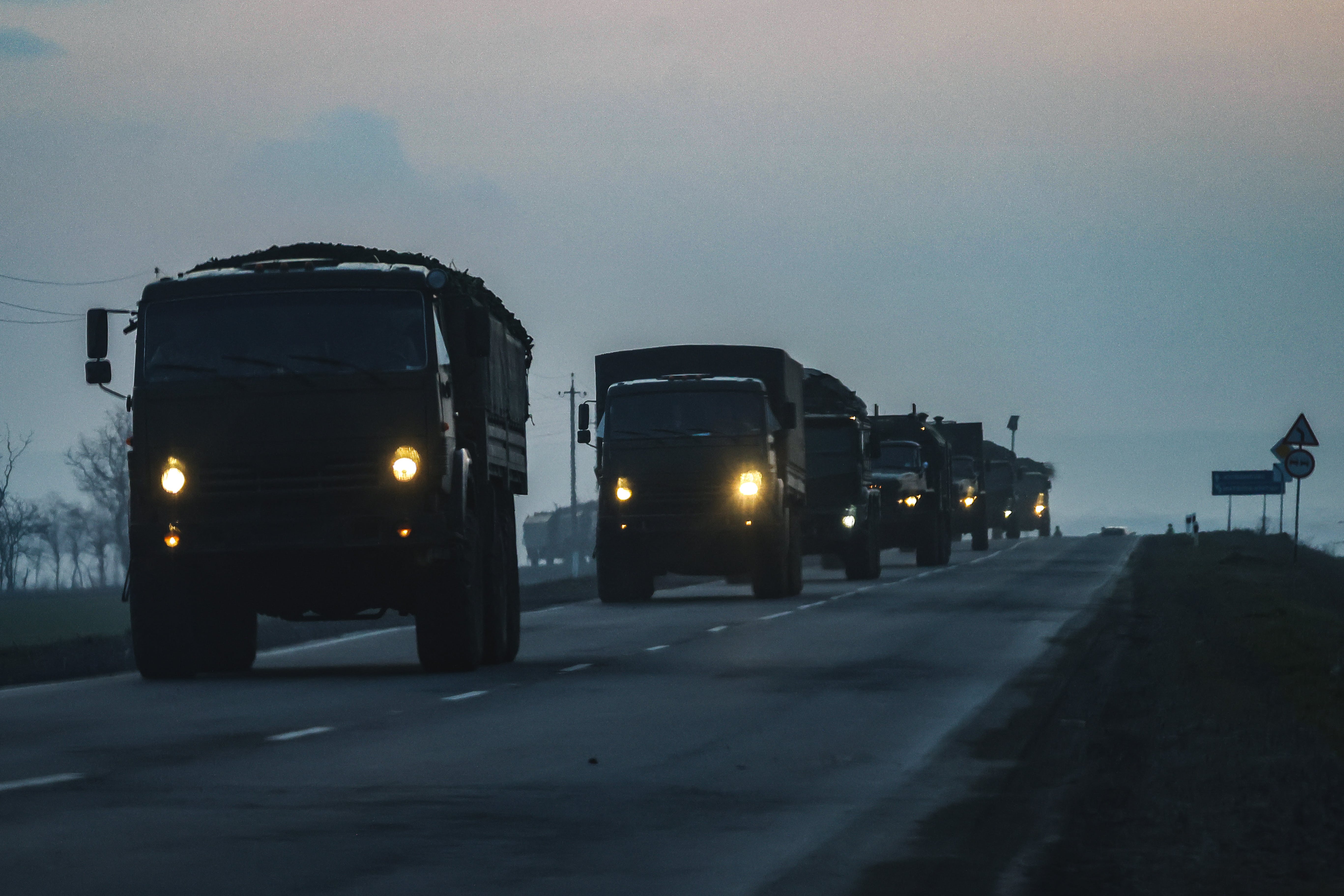 A convoy of Russian military vehicles moving towards border in Donbas region