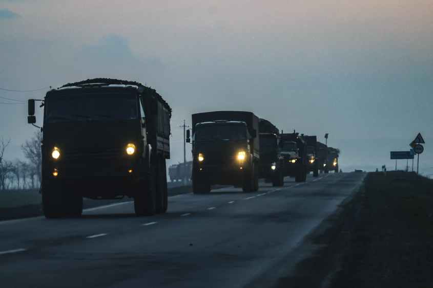 A convoy of Russian military vehicles moving towards border in Donbas region