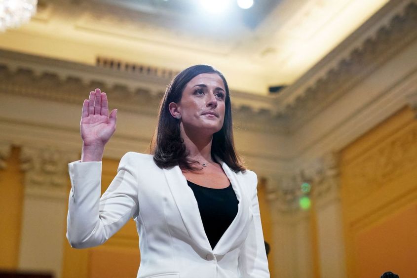 Cassidy Hutchinson, an aide to then White House chief of staff Mark Meadows, is sworn in during a House Select Committee hearing to Investigate the January 6th Attack on the US Capitol, in the Cannon House Office Building on Capitol Hill in Washington, DC on June 28, 2022. (STEFANI REYNOLDS/AFP via Getty Images)