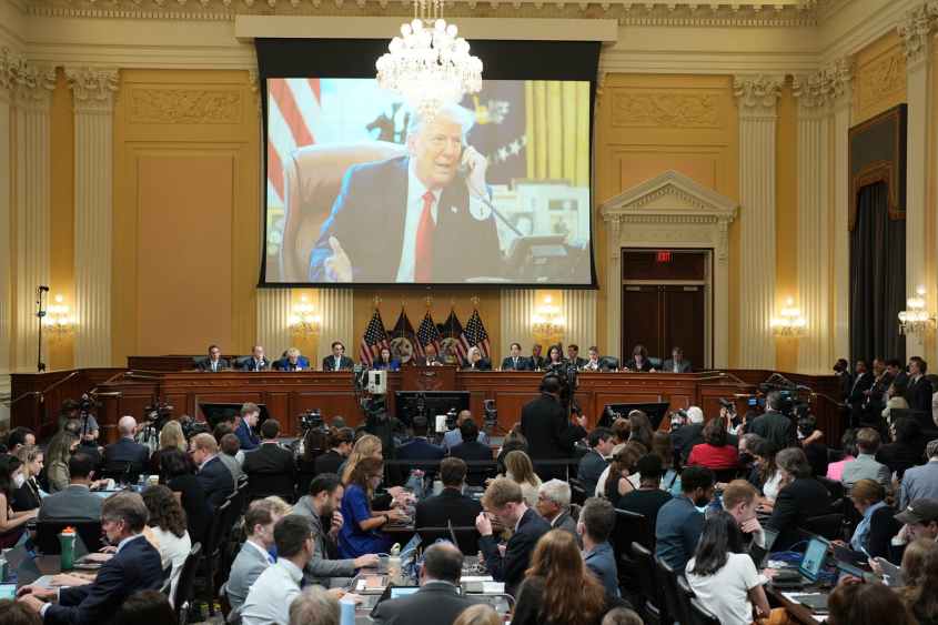 An image of former President Donald Trump displayed on a screen during a hearing of the Select Committee to Investigate the January 6th Attack on the US Capitol in Washington, D.C., July 12, 2022. Whether far-right extremists who attacked the US Capitol were encouraged by or even conspired with then-President Trump will be the subject of today's hearing by the House committee investigating the riot. Photographer: Doug Mills/The New York Times/Bloomberg via Getty Images