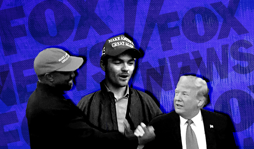Fuentes, Trump, and Ye in front of a blue Fox News logo