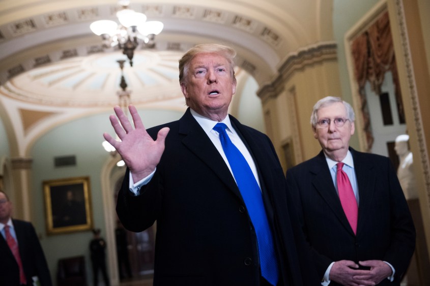 Then-President Donald Trump alongside Republican Sen. Mitch McConnell of Kentucky, who was then majority leader, on March 26, 2019.  (Tom Williams/CQ Roll Call file photo)