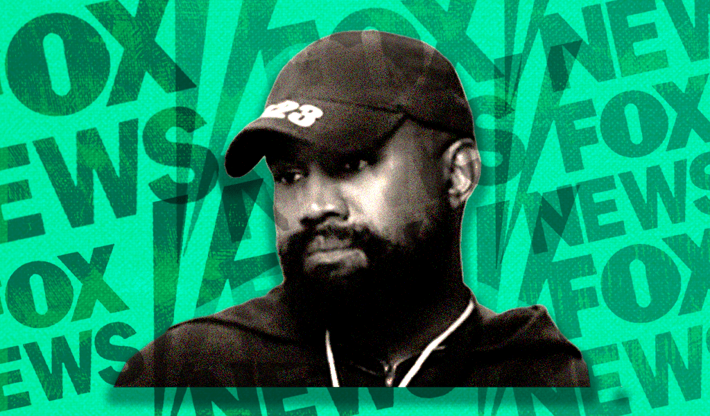 Ye with a green background and Fox News logos