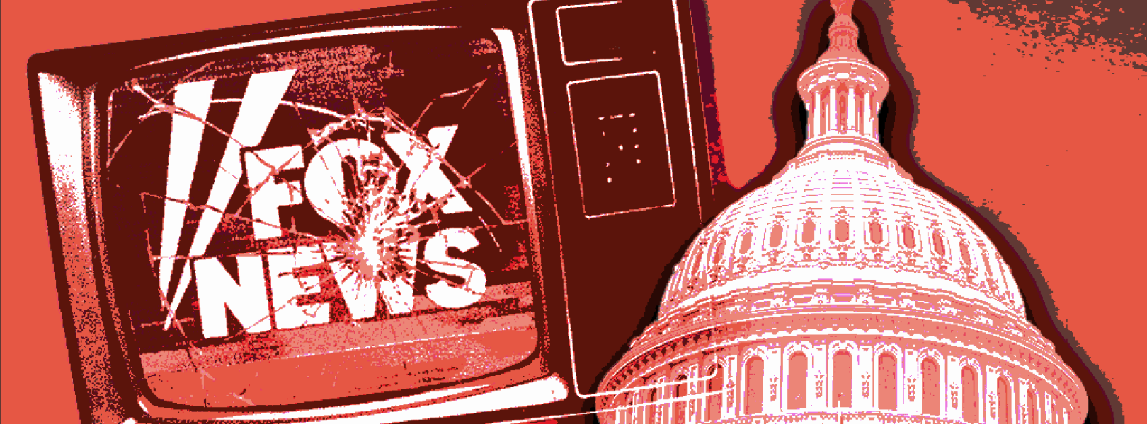 photo of Fox News in a TV next to the capitol building, red background