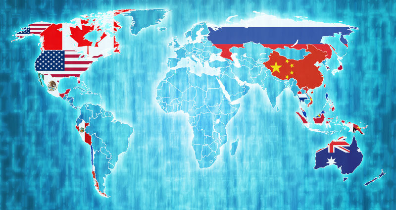 Asia-Pacific Economic Cooperation member countries flags on world map with national borders.