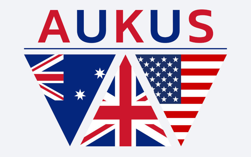 AUKUS banner with USA, UK, Australia flag icons. American, British, Australian security alliance pact design.