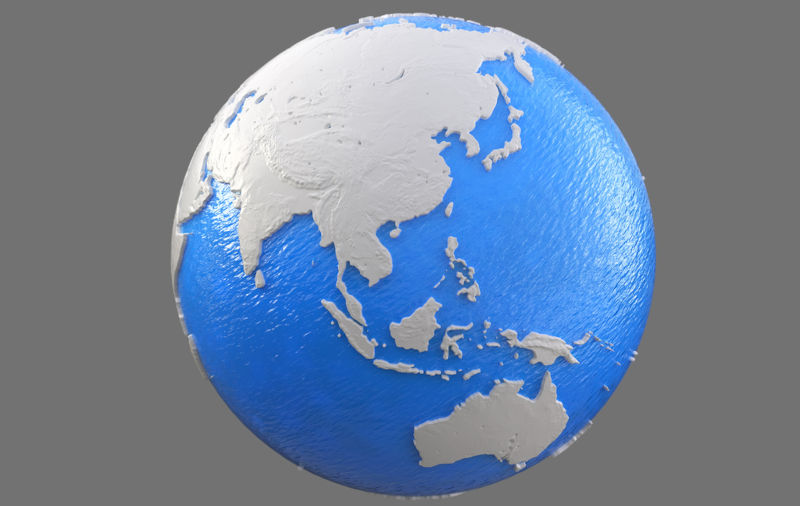 Blue and White globe, Arabia, Asia, India, China, Japan, Indonesia, Australia.