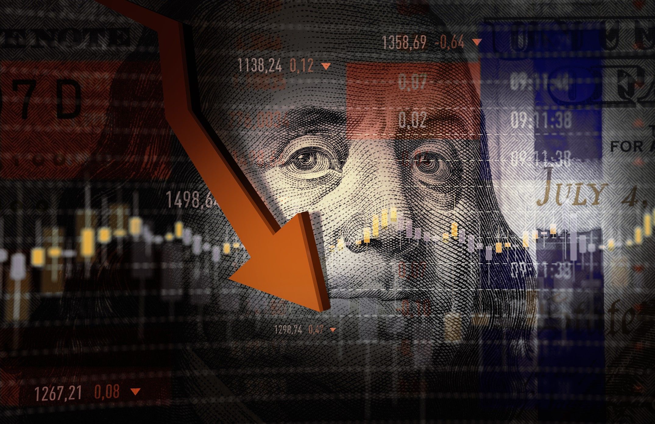 Graphic showing Benjamin Franklin and falling stock prices.