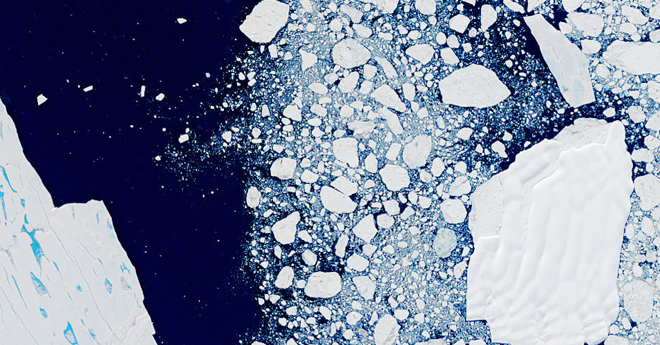 Satellite imagery shows the Larsen B Ice Shelf in Antarctica on February 21, 2000. The ice shelf's collapse in 2002 was hastened by fossil fuel-driven global warming.