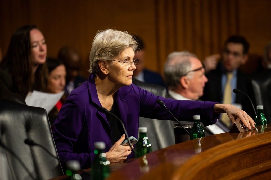 ​Sen. Elizabeth Warren (D-Mass.) attends a Senate Armed Services Committee hearing on April 18, 2023.