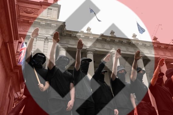 Swastika overlaying Nazi salute from Melbourne March 18