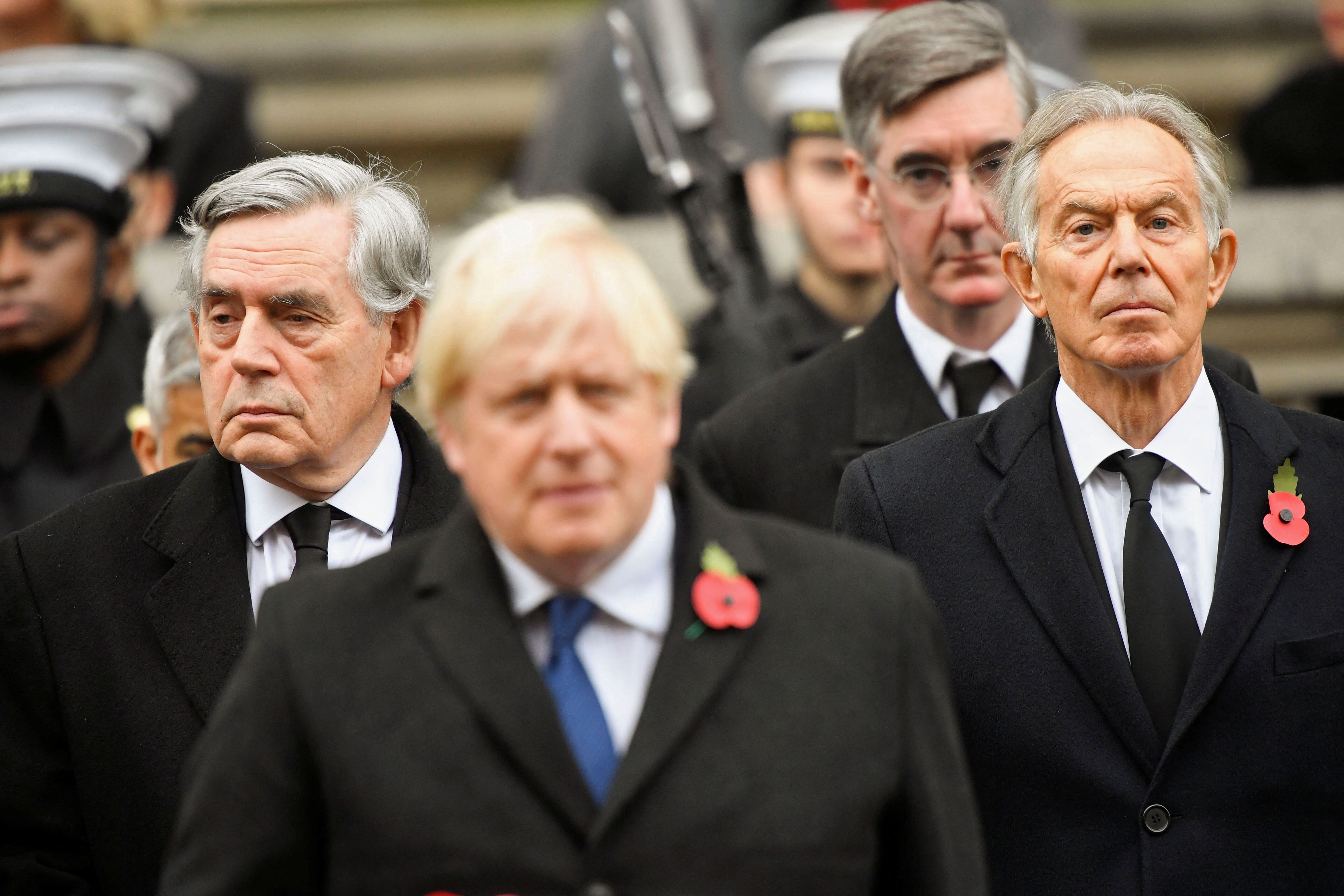 Boris Johnson and Tony Blair at the Cenotaph in Whitehall, on November 14, 2021.