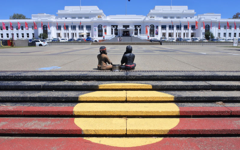 Canberra, Australia - February 22 2019:The Aboriginal Tent Embassy in Canberra Parliamentary Zone Australia Capital Territory. Activists claim to represent the political rights of Aboriginal Australians.
