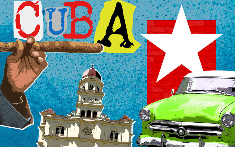 Cuba travel, Contemporary art collage, zine and comics culture style poster.