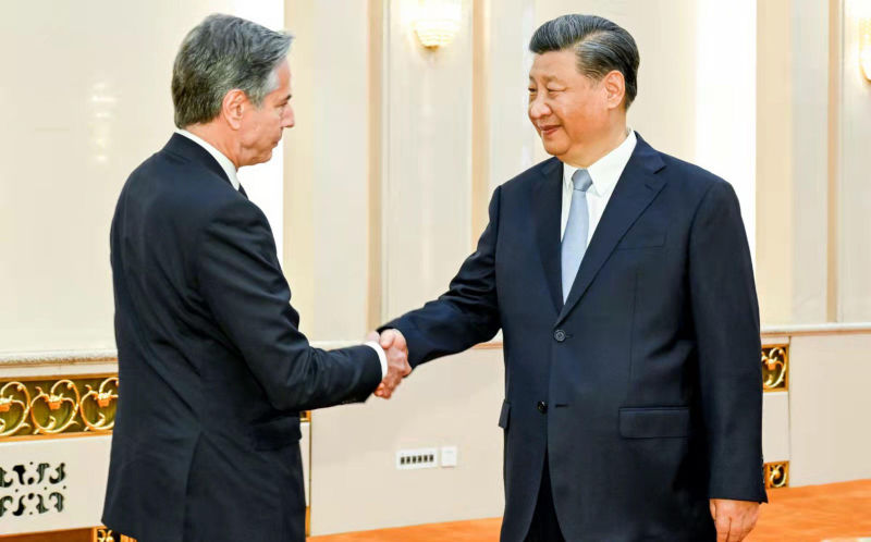 2R84F95 U.S. Secretary of State Blinken meets with Chinese President Xi Jinping on Monday, June 19, 2023, in Beijing. Blinken, whose February 2023 trip was postponed following the reveal of an alleged Chinese spy balloon flying over U.S. airspace, is the first U.S. secretary of state to visit China in five years. Photo via MFA China/UPI Credit: UPI/Alamy Live News