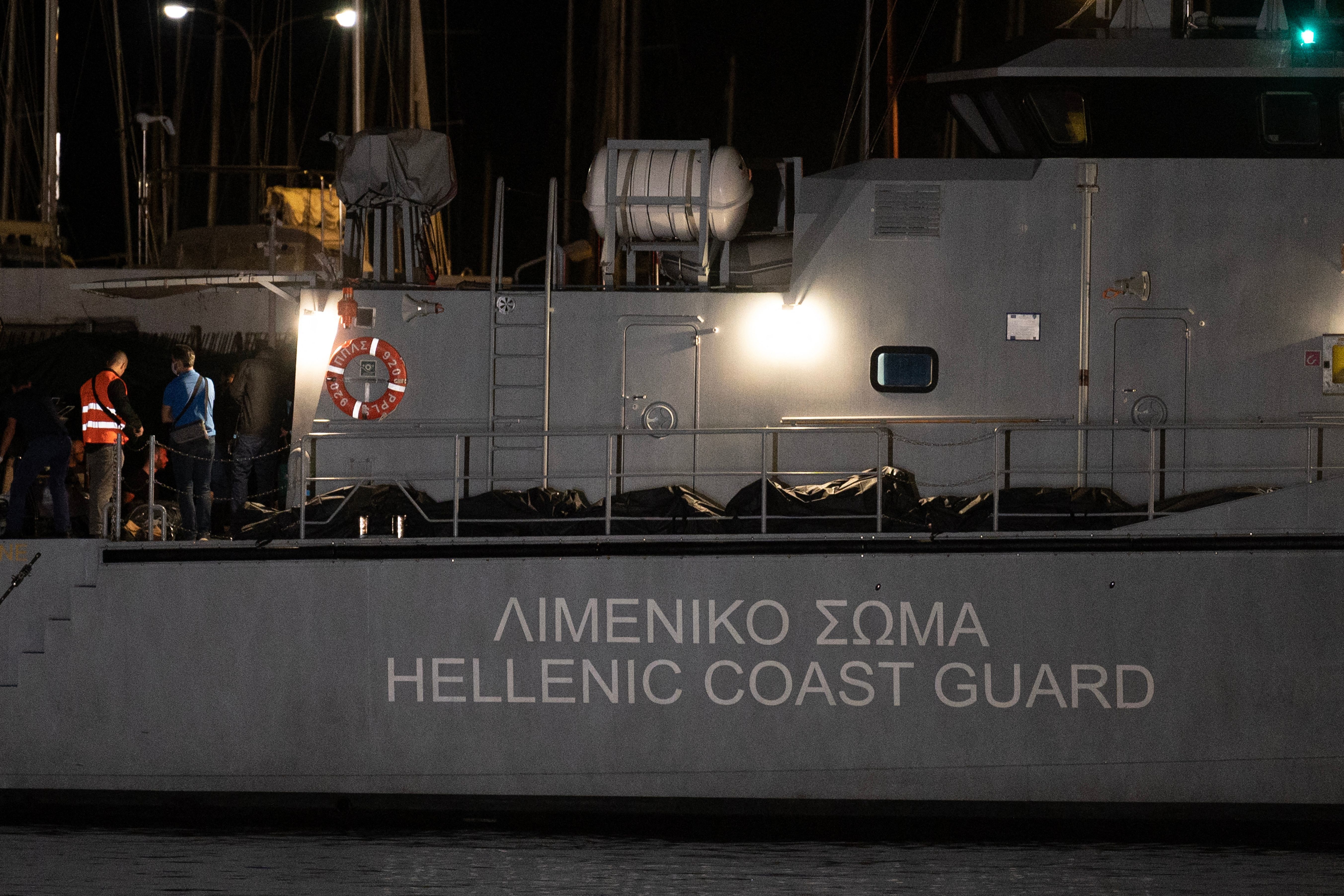Body bags pictured on a Greek coast guard vessel after migrant shipwreck