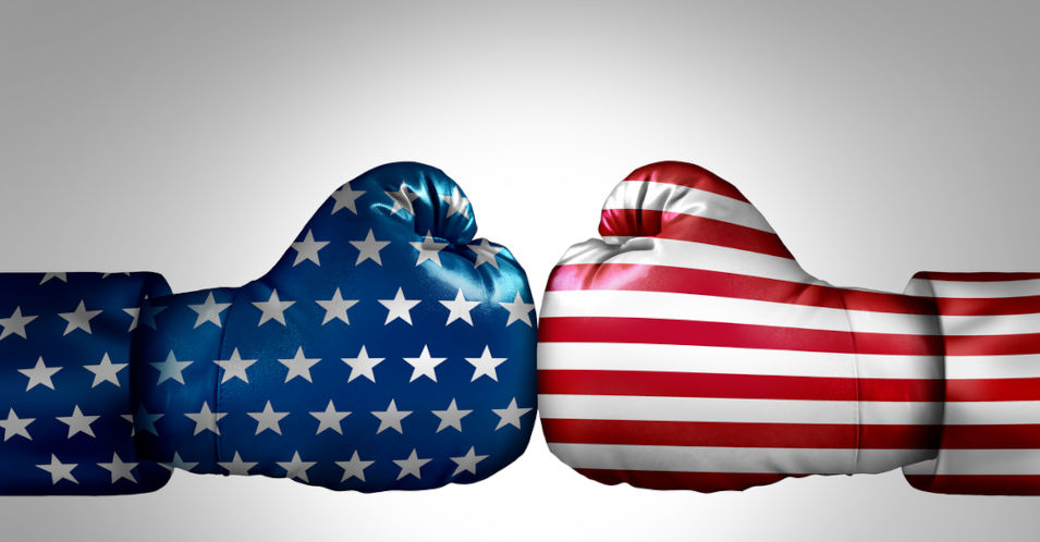 Culture war and cultural wars concept or USA heritage and divided American politics as different philosophy as cultures fighting in conflict in the United States in a 3D illustration style.