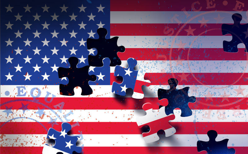 Conceptual graphic illustration of American flag losing pieces of puzzle. Art represents a nation’s struggle to stay united through new and complicated challenges of the times. For political and social themes.
