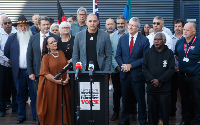 Thomas Mayo, a Kaurareg Aboriginal and Kalkalgal, Erubamle Torres Strait Islander man speaking in front of Minister for Indigenous Australians Linda Burney and members of the Referendum Working Group and Referendum Engagement Group during a Voice to Parliament press conference, in Adelaide, Friday, March 17, 2023. Image: AAP/Matt Turner