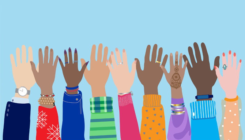 Diverse young people hands, male, female, multicultural group, multi ethnic team, cultural diversity concept.