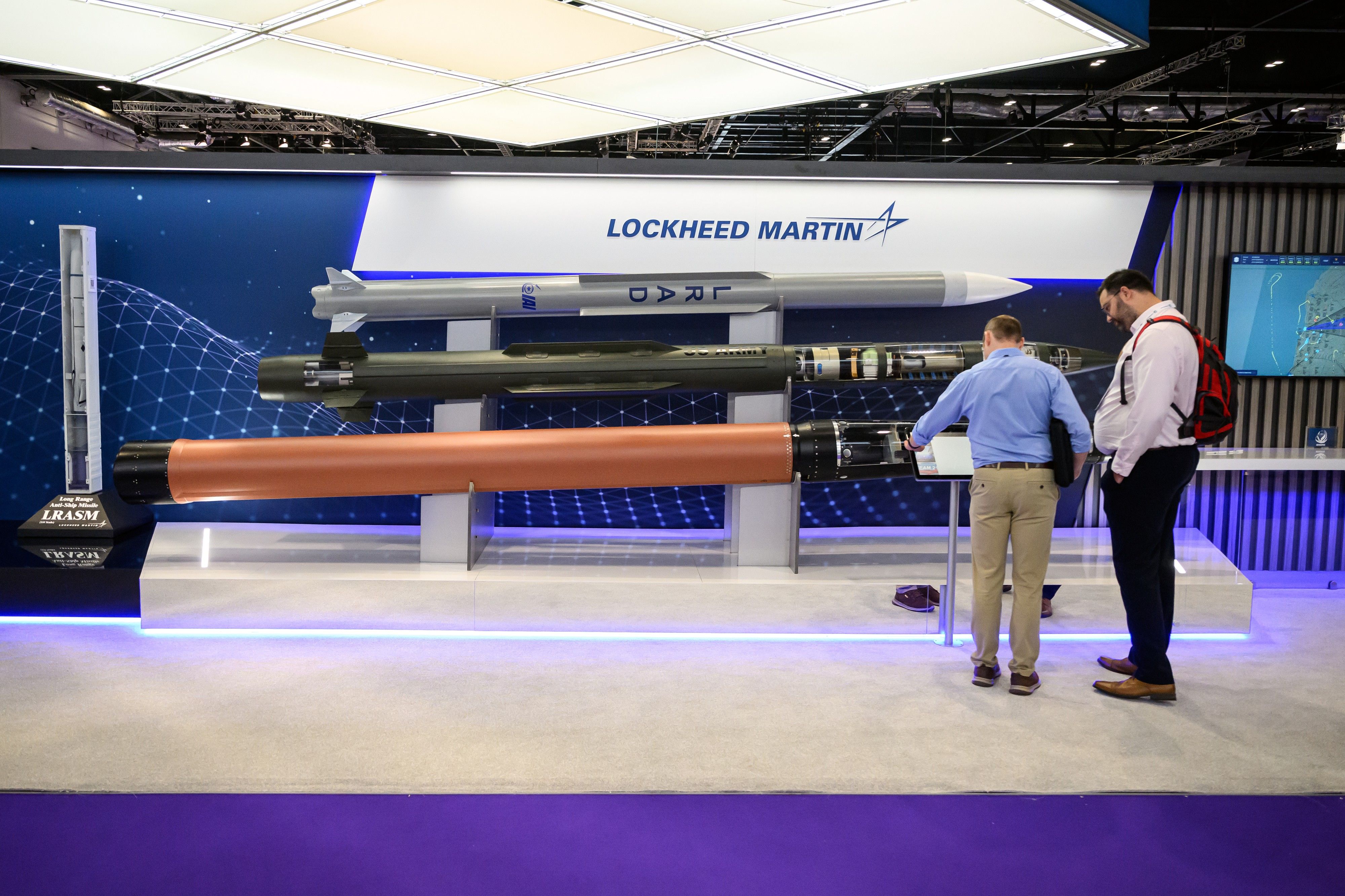 Lockheed Martin missile display at 2023 DSEI arms fair in London