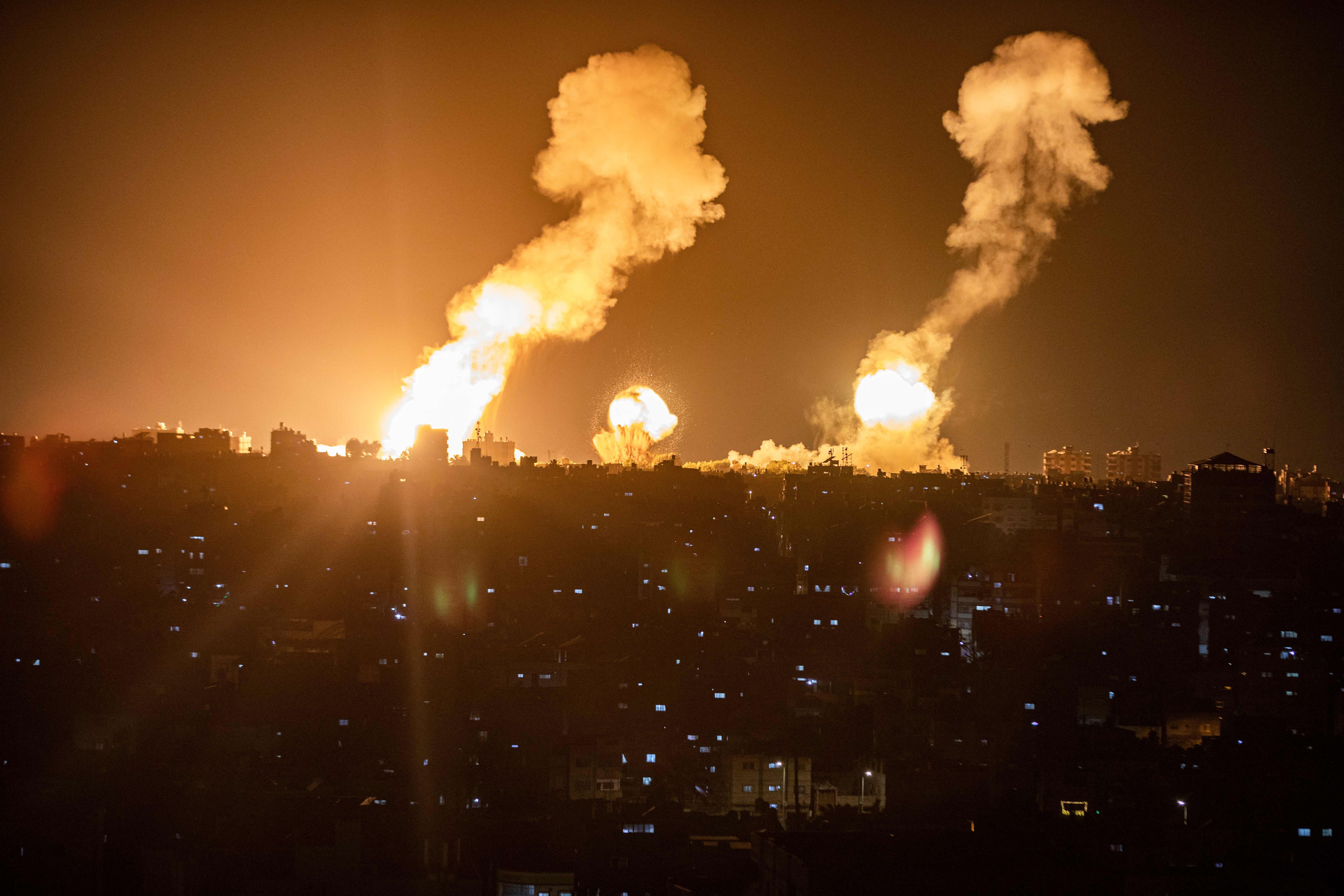 A photo shows shows explosions in Khan Yunis in the southern Gaza Strip
