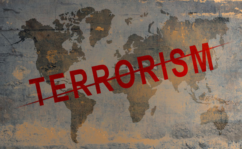 Bricked wall with stop terrorism sign.