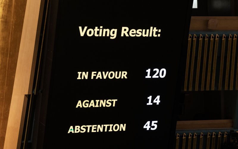 Results of voting by General Assembly on resolution on Israel-Palestinian conflict at UN Headquarters in New York on October 27, 2023. GA adopted the resolution sponsored by Jordan. Draft resolution sponsored by Jordan on Illegal Israeli actions in Occupied East Jerusalem and the rest of the Occupied Palestinian Territory was adopted by General Assembly with 120 votes in favour, 14 against, and 45 abstentions. Image:AAP/ Lev Radin/Sipa USA