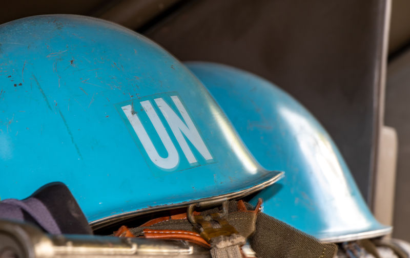 Blue UN helmets waiting for their deployment.