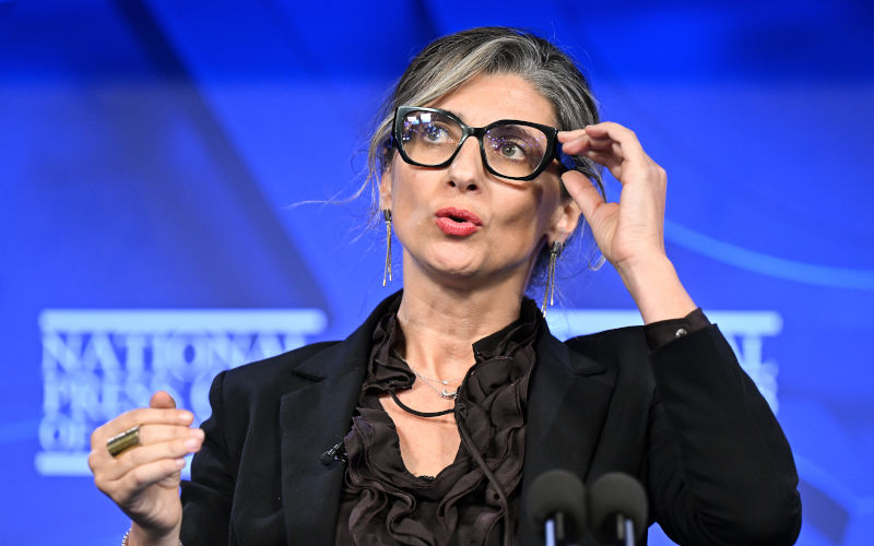 UN Special Rapporteur for Palestinian Human Rights Francesca Albanese addresses the National Press Club in Canberra, Tuesday, November 14, 2023. Image: AAP /Lukas Coch