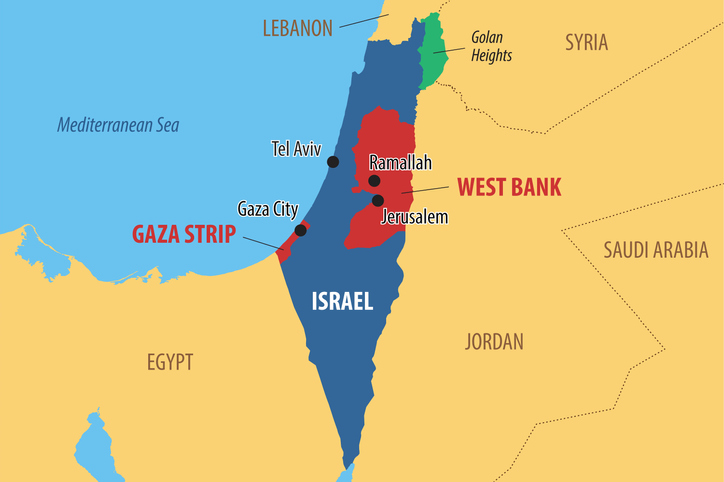 Vector map of Israel and Palestine, showing the areas of the West Bank and the Gaza strip. Image: iStock / Dimitrios Karamitros