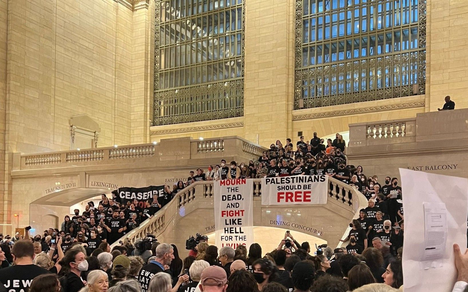 Peace protesters flood Grand Central Station in New York to call for a Gaza cease-fire.