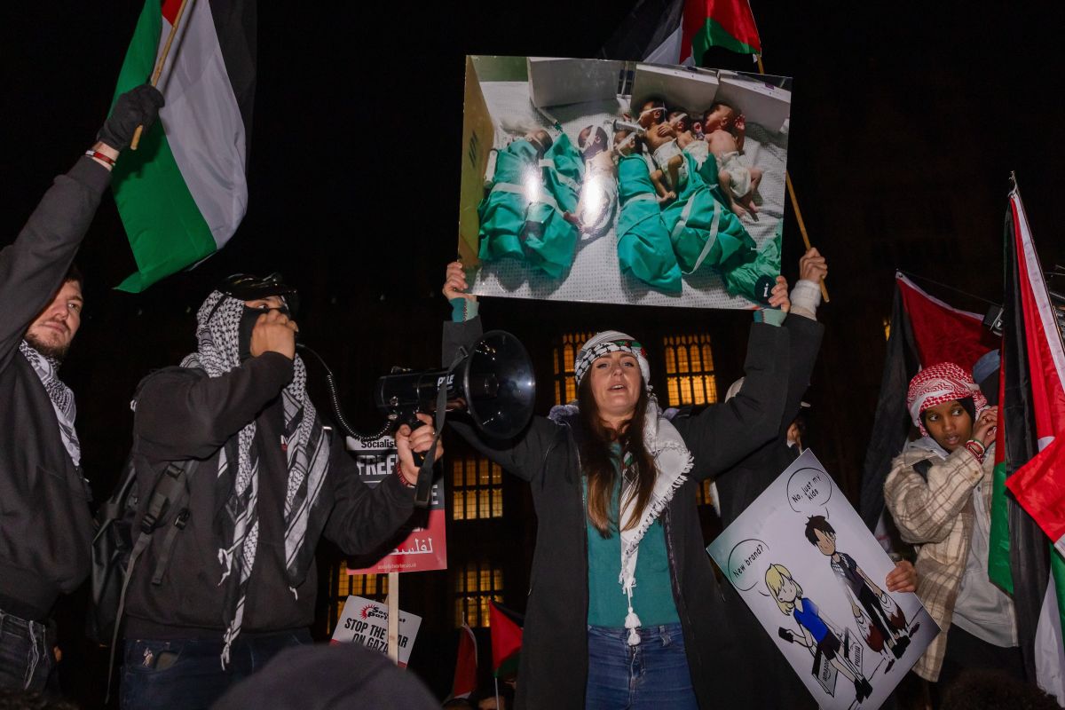Pro-Palestinian protesters holding Palestinian flags