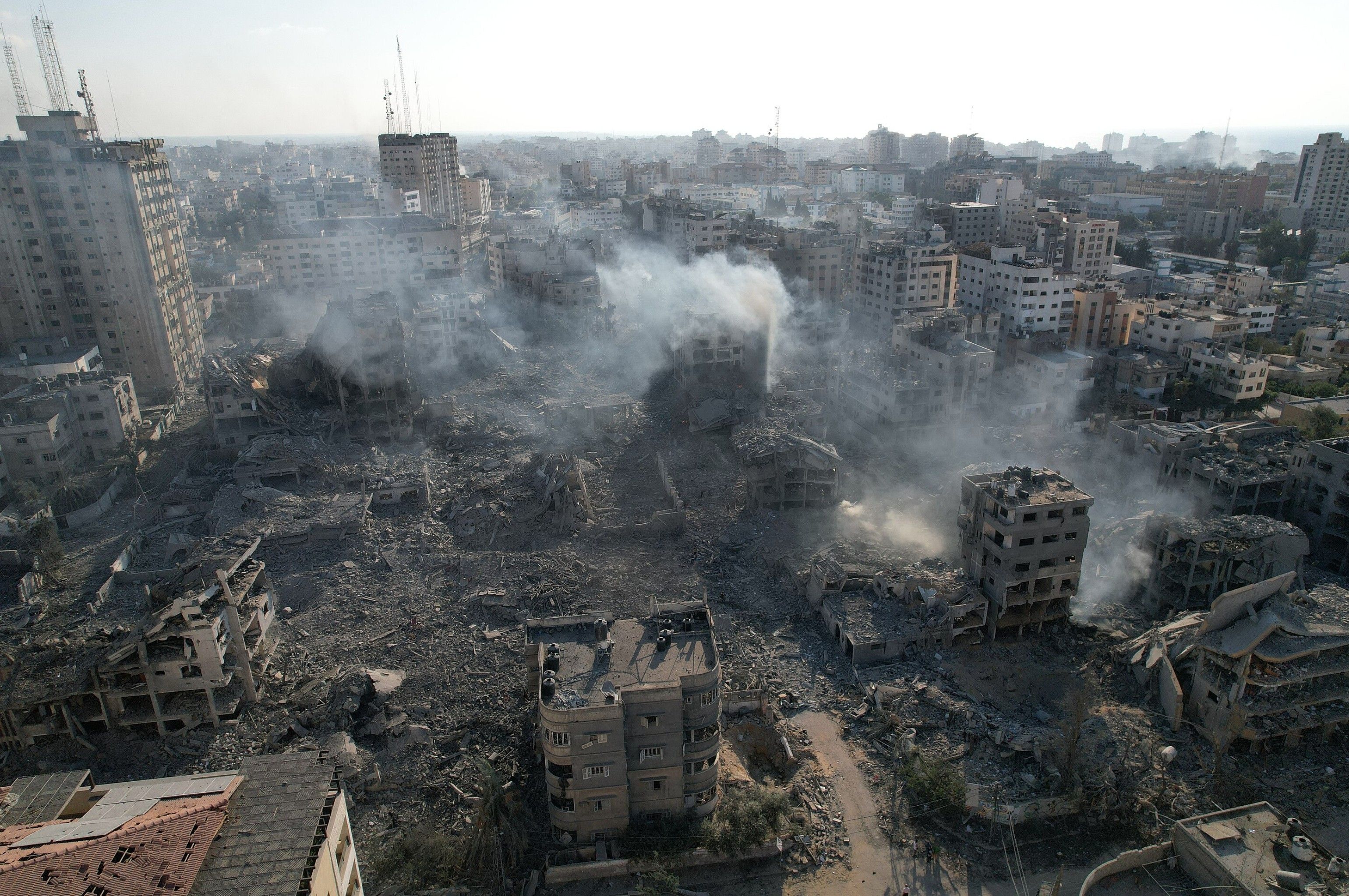 An aerial view showing destruction of Gaza City by Israeli airstrikes. 