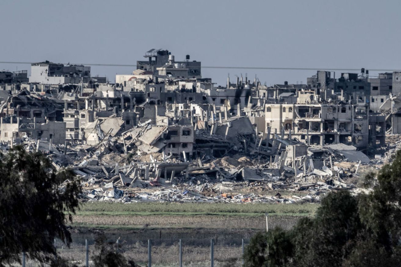 A ruined residential area in Gaza viewed from Israel. 