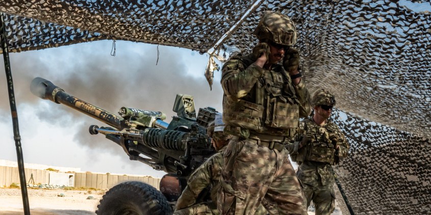 U.S. Army Soldiers assigned with 2nd Battalion, 15th Field Artillery Regiment, 2nd Brigade Combat Team, 10th Mountain Division, also known as “Task Force Redleg” fires the M119A3 Howitzer during a joint artillery training exercise at Al Asad Air Base, Iraq, on Oct. 26, 2023. The exercise was conducted to offer training to partner forces in support of the Combined Joint Task Force - Operation Inherent Resolve's mission in the enduring defeat of Daesh. (U.S. Army photo by 2nd Lt. Daphney Black)