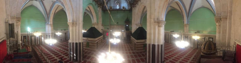 A panorama of a part of the Ibrahimi Mosque from the inside. it shows the graves of the Prophet Yaqoub and his wife, Liqa, may God be pleased with them. also shows Saladin al-Ayoubi platform. Hebron, Palestine.