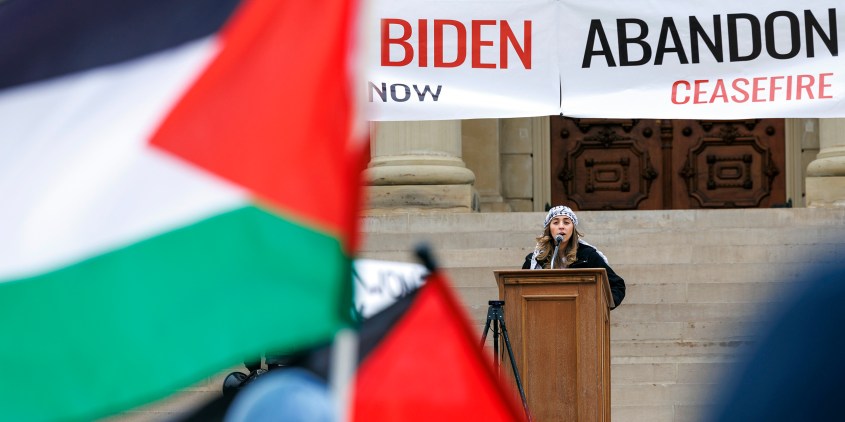 Michigan State University student Saba Saed speaks at a rally in Lansing, MI on Feb. 16, 2024, calling for Michigan voters unhappy with President Joe Biden's handling of the conflict in Gaza to vote "uncommitted" in the state's Democratic presidential primary on Feb. 27. (Photo by Andrew Roth)(Sipa via AP Images)