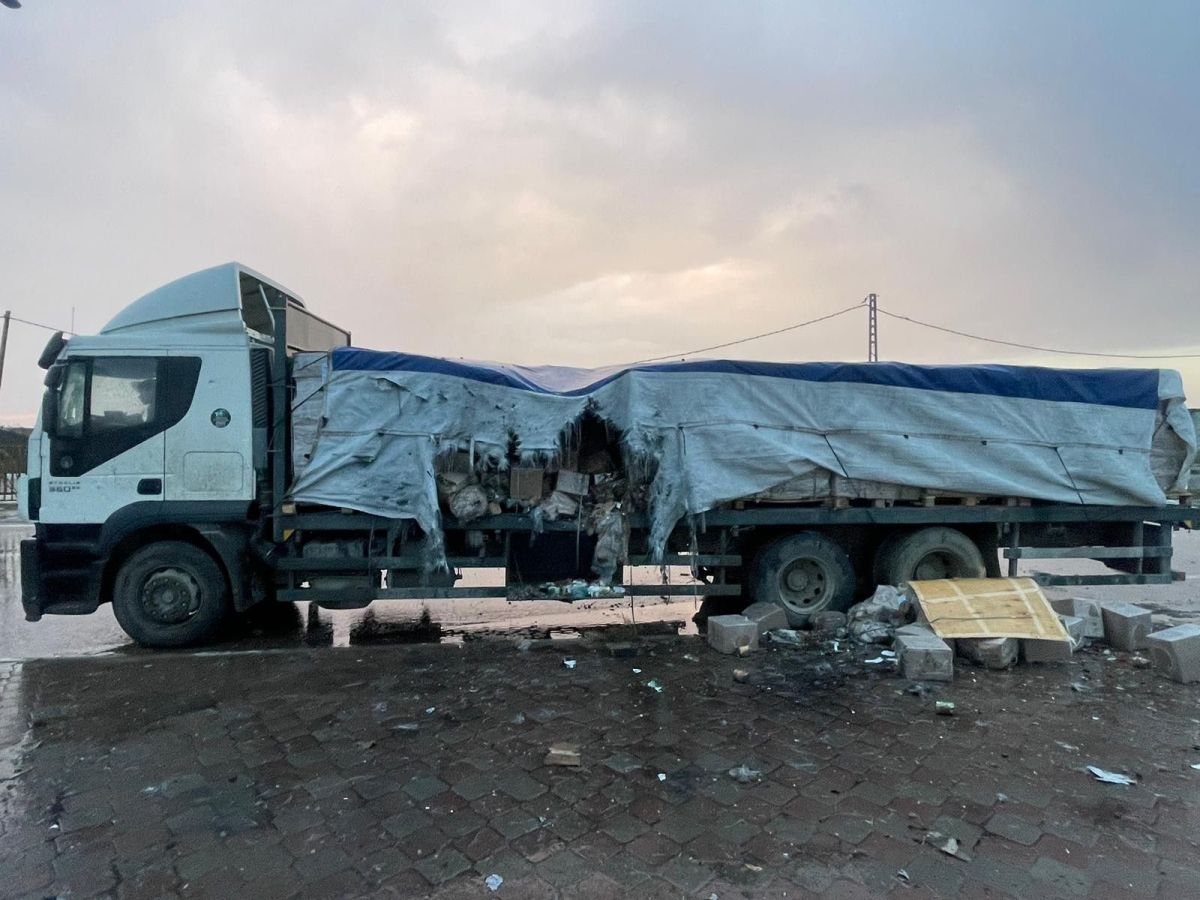 Damaged UNRWA aid truck