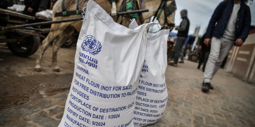 RAFAH, GAZA - JANUARY 28: Bags of flour are seen at the area where UNRWA (The United Nations Relief and Works Agency for Palestine Refugees) distributes flour to families as Israeli attacks continue in Rafah of Gaza on January 28, 2024. Palestinians face severe water and food shortages due to Israeli attacks and new restrictions. (Photo by Abed Zagout/Anadolu via Getty Images)