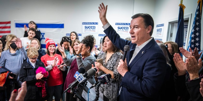 UNITED STATES - FEBRUARY 3: Former Rep. Tom Suozzi, Democratic candidate for New York's 3rd Congressional District, speaks during the "Women For Suozzi Rally," in Port Washington, N.Y., on Saturday, February 3, 2024. (Tom Williams/CQ-Roll Call, Inc via Getty Images)